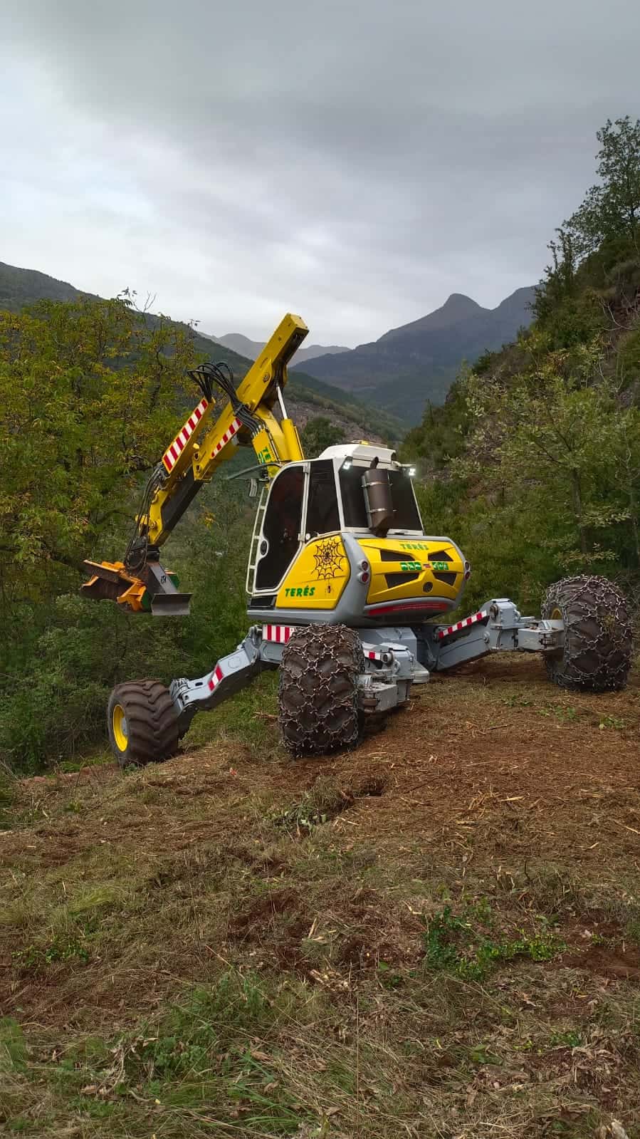 Máquina forestal de Trabajos y Servicios Terés en acción en un entorno montañoso, diseñada para trabajos forestales y de movimiento de tierra con tracción de cadenas en las ruedas.