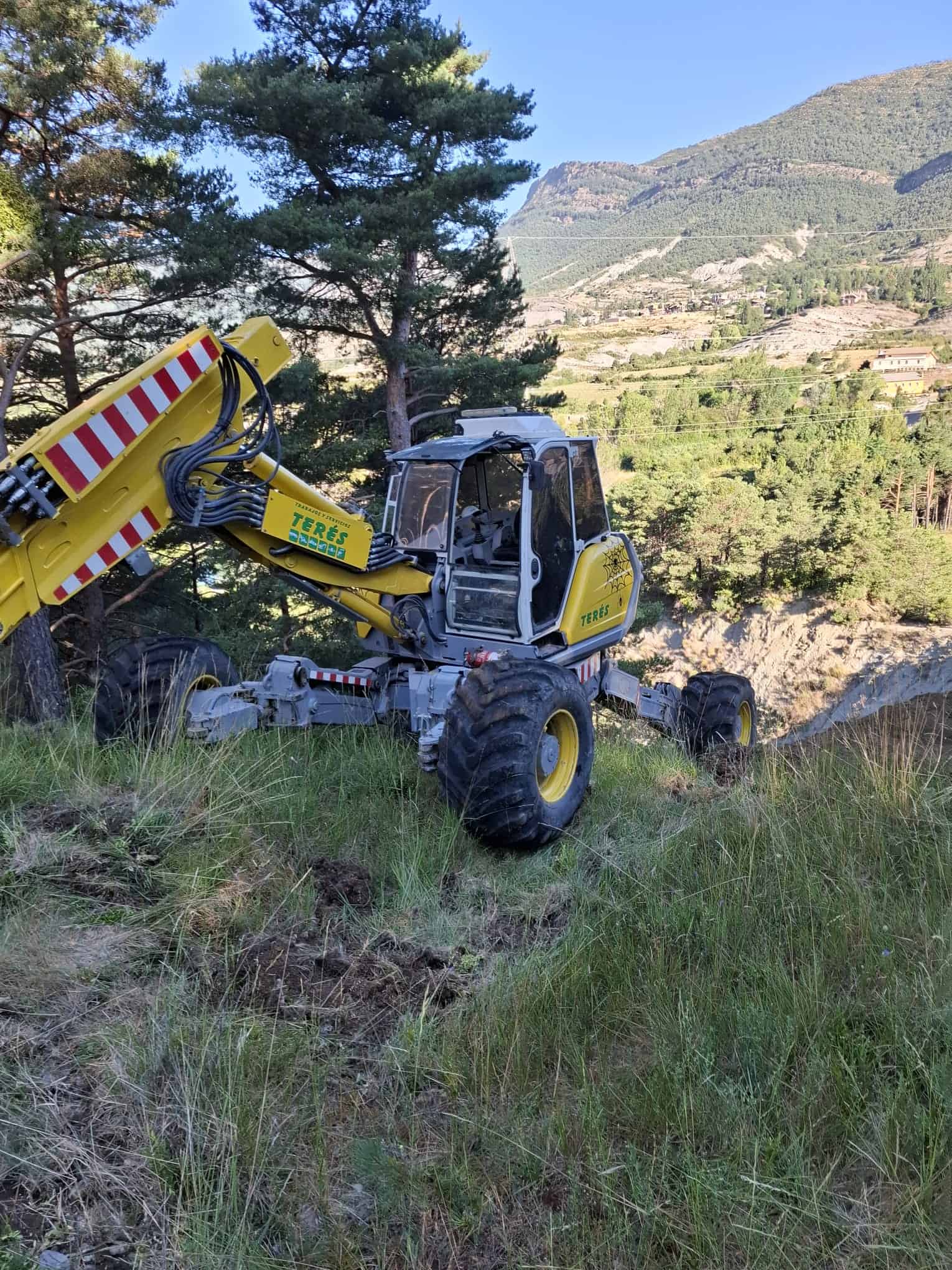 Maquinaria de jardinería y trabajos forestales en acción en un entorno rural con árboles y montañas de fondo. Equipo de reforestación y mantenimiento de espacios naturales.